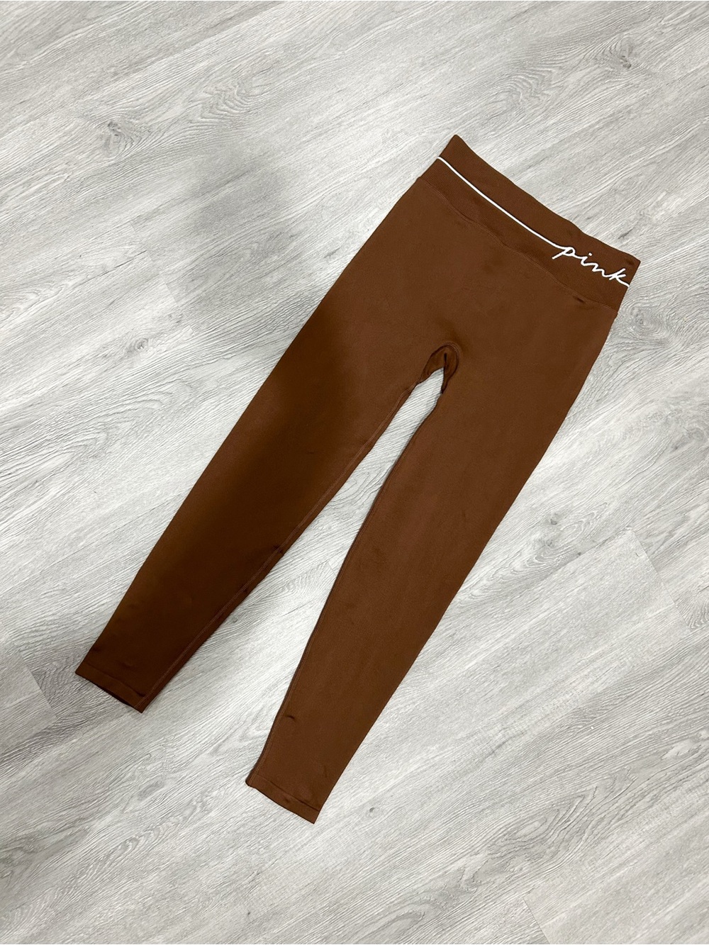 PINK Victoria's Secret Brown Leggings with White Waist Script